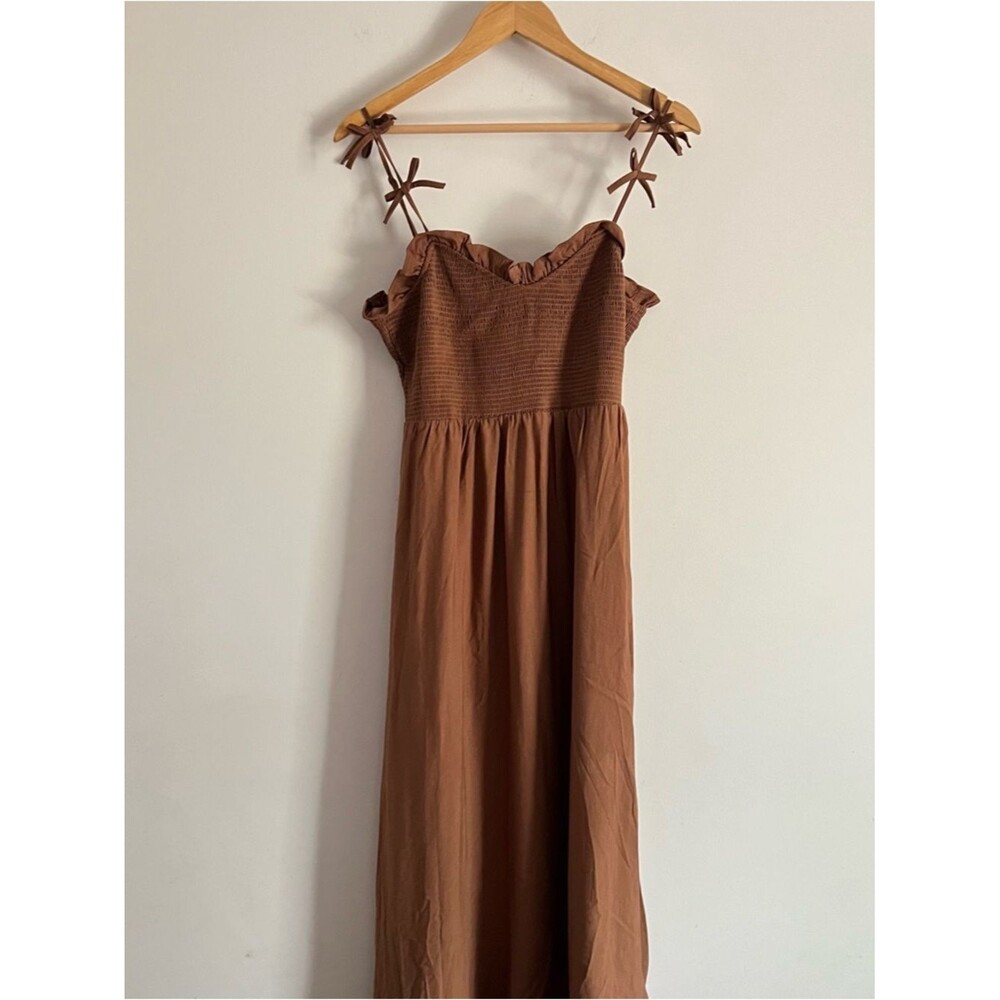 By The River Dress Large Brown Smocked Tie Strap Boho Maxi Summer Flowy - Picture 3 of 9